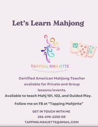 Playful pastel flyer reading "Let's Learn Mahjong" with a colorful swirl logo and three mahjong tiles, advertising a certified American Mahjong teacher offering private and group lessons (Mahj 101, 102, guided play) with social follow and contact details listed.