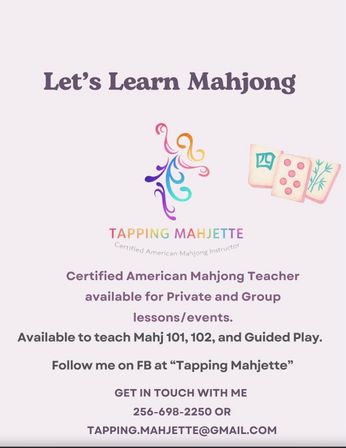 Playful pastel flyer reading "Let's Learn Mahjong" with a colorful swirl logo and three mahjong tiles, advertising a certified American Mahjong teacher offering private and group lessons (Mahj 101, 102, guided play) with social follow and contact details listed.