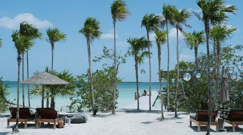 Relaxed white-sand tropical beach with tall palm trees, turquoise sea, wooden lounge chairs and shaded umbrellas, and a sandy path leading to a small pier in the distance.