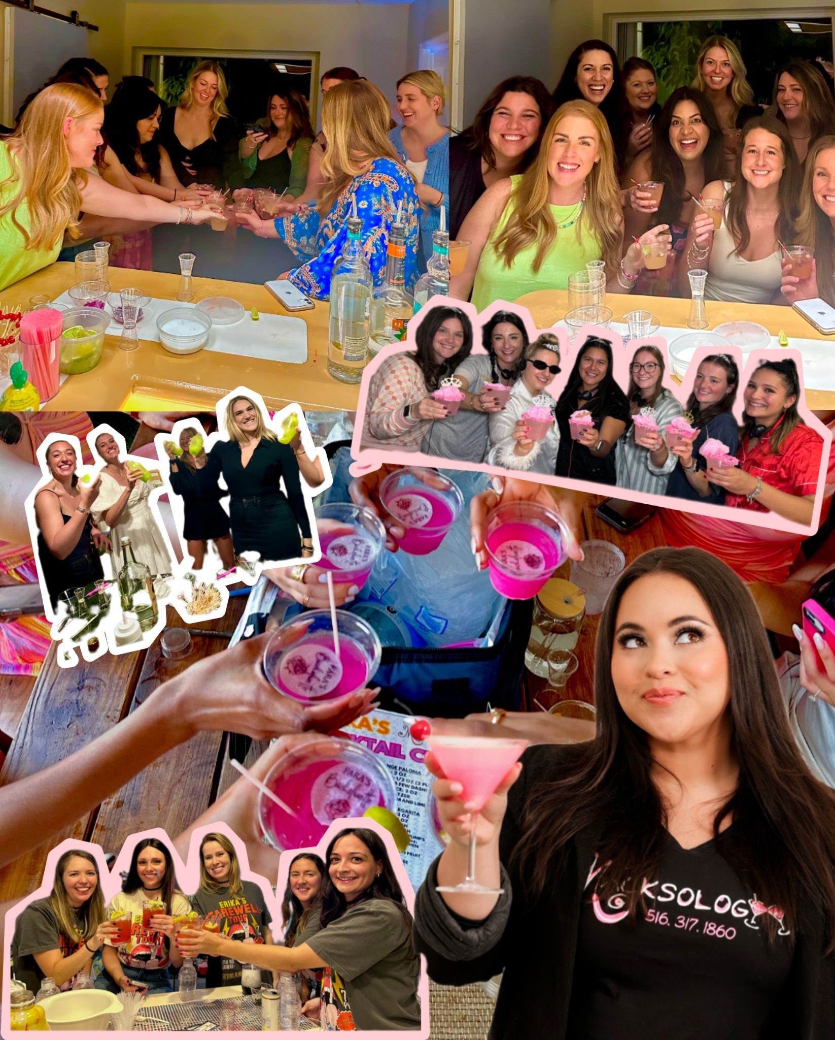 Collage of smiling women at an indoor cocktail party and mixology session, toasting bright pink martinis around a home bar with bottles, garnishes, and bartending tools — fun girls’ night celebration.