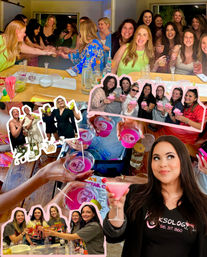 Collage of smiling women at an indoor cocktail party and mixology session, toasting bright pink martinis around a home bar with bottles, garnishes, and bartending tools — fun girls’ night celebration.