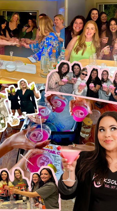 Collage of smiling women at an indoor cocktail party and mixology session, toasting bright pink martinis around a home bar with bottles, garnishes, and bartending tools — fun girls’ night celebration.