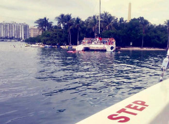 Catamaran anchored off a small palm-lined island with swimmers and jet skis, city high-rises on the distant shoreline, view from a nearby boat rail labeled STEP.
