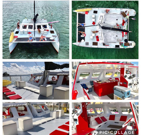 Collage of a white-and-red catamaran: aerial and deck views showing bow, top-down layout, spacious sun deck with red cushions and cube seats, shaded cockpit and galley, and kayaks on clear green coastal water