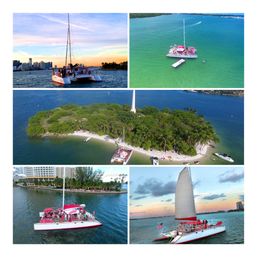 Aerial collage of a red-and-white catamaran boat tour in turquoise Miami bay, anchored near a palm-fringed island and city skyline at sunset — vibrant tropical sailing scenes.
