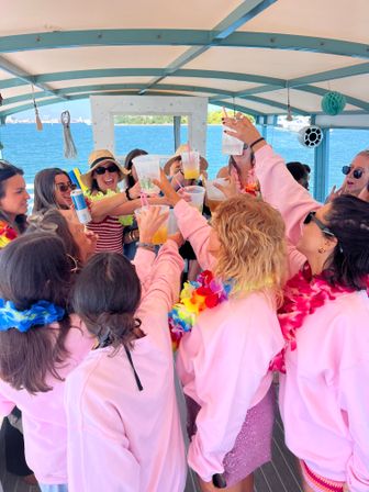 Group of women in pink sweatshirts and colorful leis toasting with drinks on a sunny boat cruise, blue ocean and coastline visible through the cabin