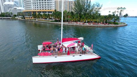 Red-and-white party catamaran with a group of people on deck cruising blue waters near a palm-lined Miami waterfront and high-rise skyline.