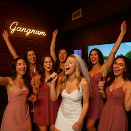 Bachelorette party scene: bride in a white mini dress and veil singing into a microphone in a dim karaoke room with a neon "Gangnam" sign, surrounded by six bridesmaids in mauve dresses cheering and holding champagne flutes.