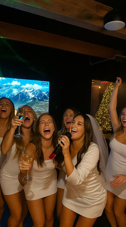 Bachelorette party in a dim karaoke lounge — eight women in white mini dresses, bride-to-be with veil singing into a microphone as friends cheer and toast.
