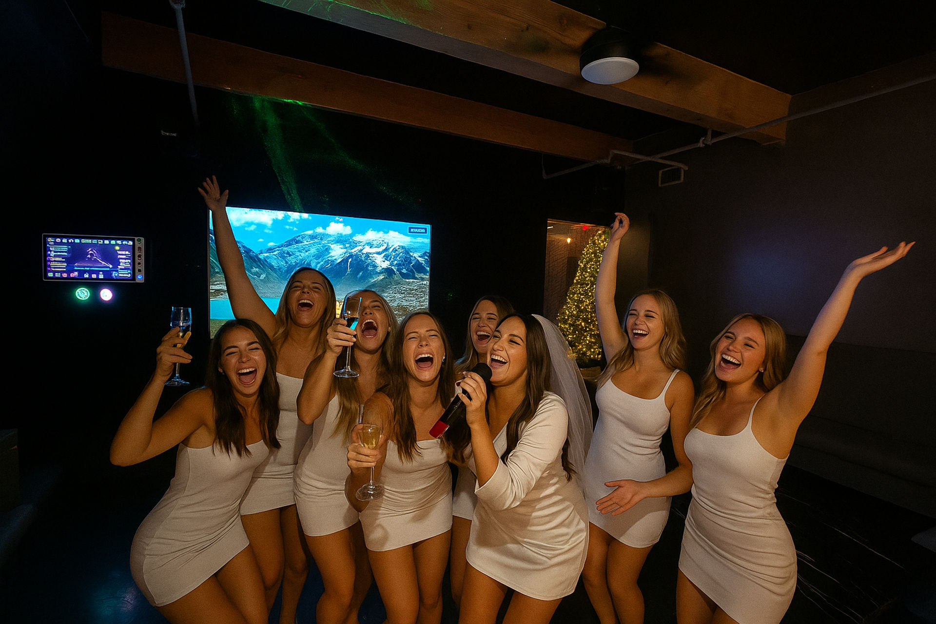 Bachelorette party in a dim karaoke lounge — eight women in white mini dresses, bride-to-be with veil singing into a microphone as friends cheer and toast.