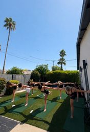 Outdoor yoga class in a sunny Southern California backyard — a group balancing on green mats in Warrior III pose beneath tall palm trees.