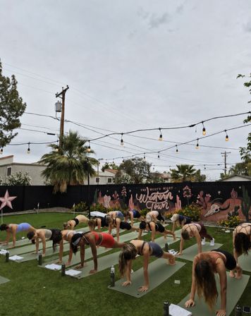 Group outdoor yoga class on green lawn doing plank pose under string lights and palm trees with a colorful desert mural backdrop