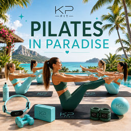 Sunlit outdoor Pilates class on a tropical oceanfront deck with palm trees and island peaks, women holding boat pose on teal mats with matching fitness props — Pilates in paradise.