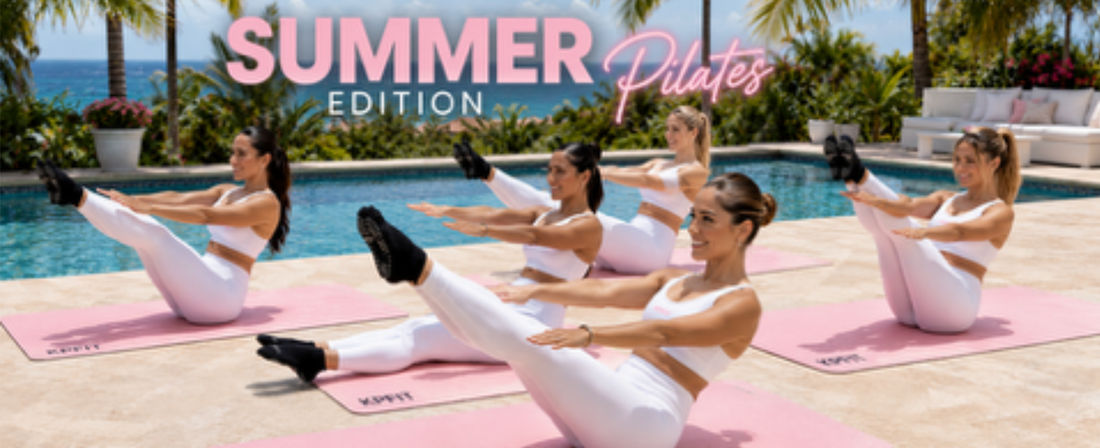 Oceanfront poolside Pilates class on pink mats — women in white activewear holding boat pose beneath palm trees for a summer fitness vibe