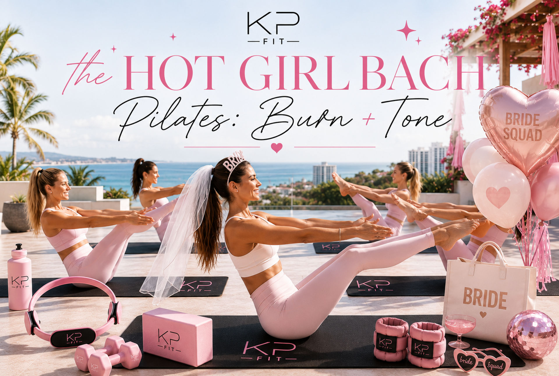 Bachelorette Pilates class on an ocean-view rooftop — women in matching pink activewear doing boat pose with a bride-to-be in a veil, pink balloons, mats and fitness props.
