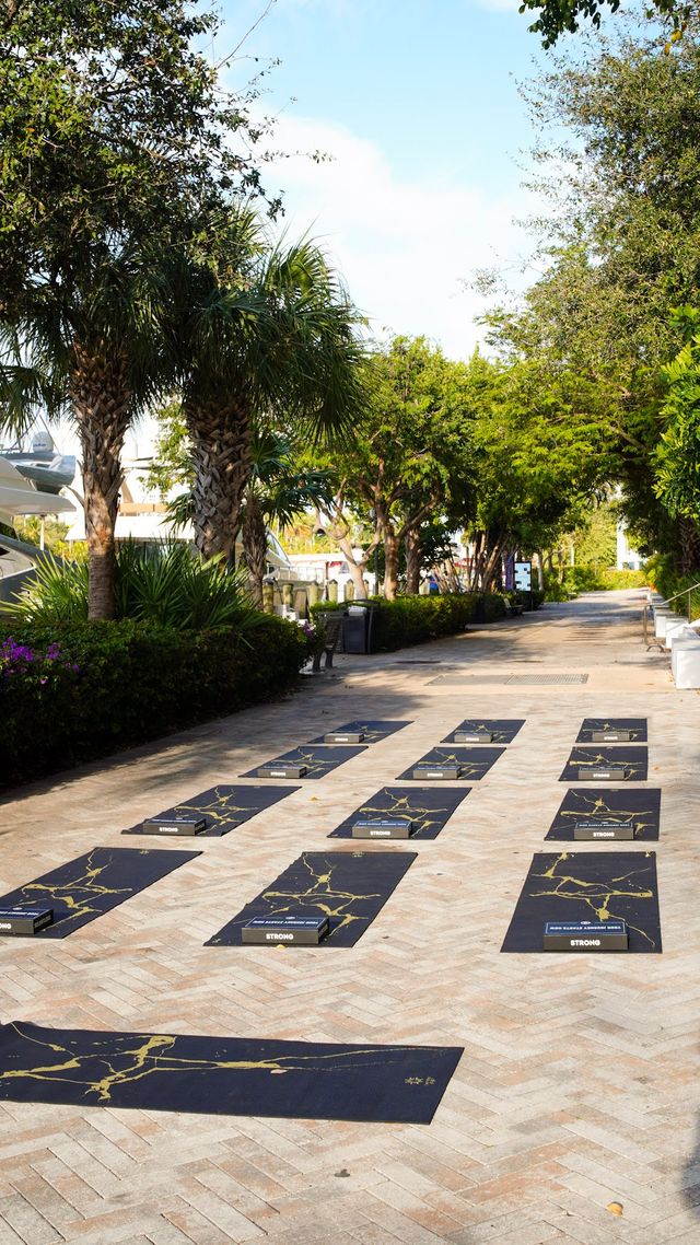 Rows of black yoga mats with gold-marble patterns set up for an outdoor yoga class on a sunlit waterfront walkway lined with palm trees and tropical greenery near a marina.