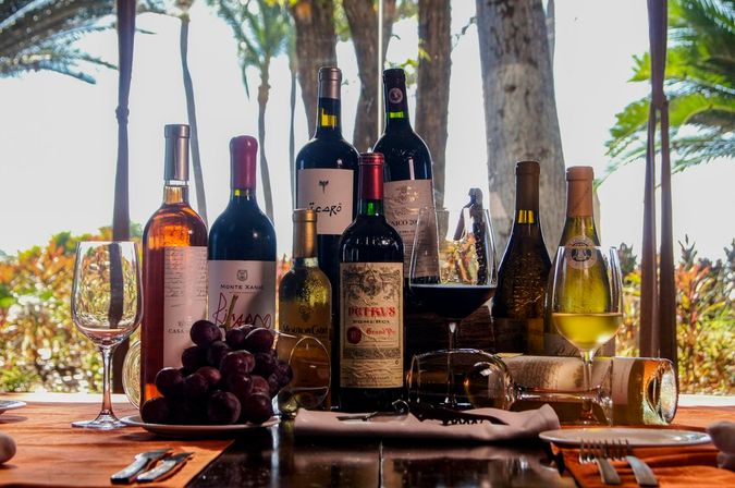 Wine tasting setup with assorted red, white and rosé bottles, wine glasses, plate of grapes and corkscrew on a wooden table on a sunny tropical patio overlooking palm trees and the ocean.