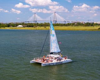 Cheerful catamaran tour boat with sunlit passengers sailing on calm blue water, grassy shoreline and a modern cable-stayed bridge under a bright, partly cloudy sky