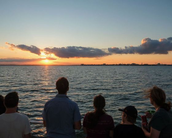 Passengers on a sunset cruise watching the sun dip behind a distant city skyline over calm water with dramatic clouds and golden reflections