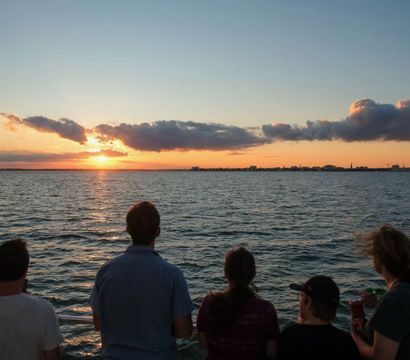 Passengers on a sunset cruise watching the sun dip behind a distant city skyline over calm water with dramatic clouds and golden reflections