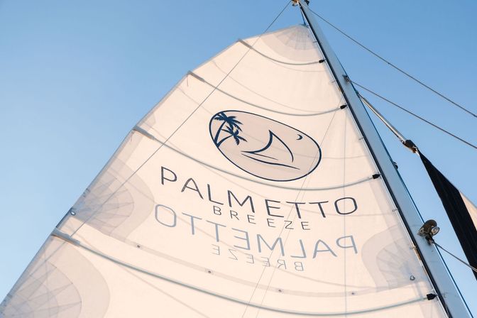 Sunlit white sail on a sailboat featuring a palm-tree logo and stylized lettering, mast and rigging set against a clear blue sky