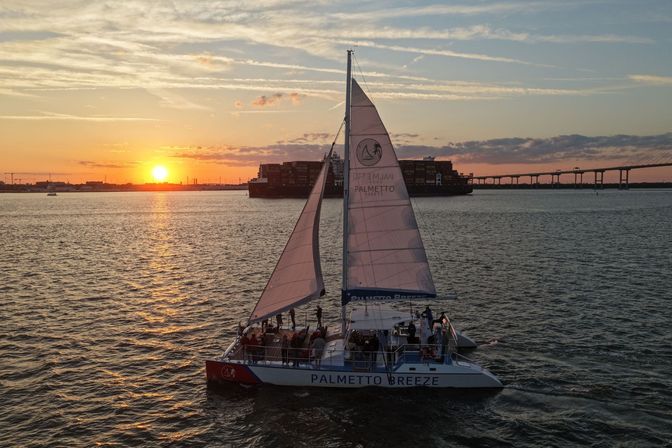 Catamaran sailboat with white sails gliding across a harbor at golden sunset, sun reflecting on rippled water with a container ship and bridge silhouetted on the horizon.