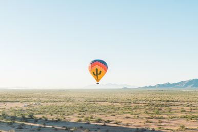 Colorful hot air balloon with a cactus graphic floating over a sunlit desert plain dotted with shrubs and a distant mountain range under a clear blue sky.