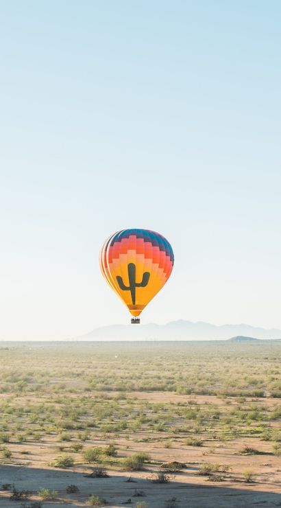 Colorful hot air balloon with a cactus graphic floating over a sunlit desert plain dotted with shrubs and a distant mountain range under a clear blue sky.
