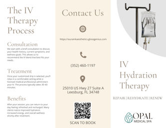 Tri-column IV hydration therapy brochure with an IV drip bag image, 'The IV Therapy Process' text, contact column showing phone icon, QR code and Leesburg, FL address — clean neutral aesthetic for IV hydration services.