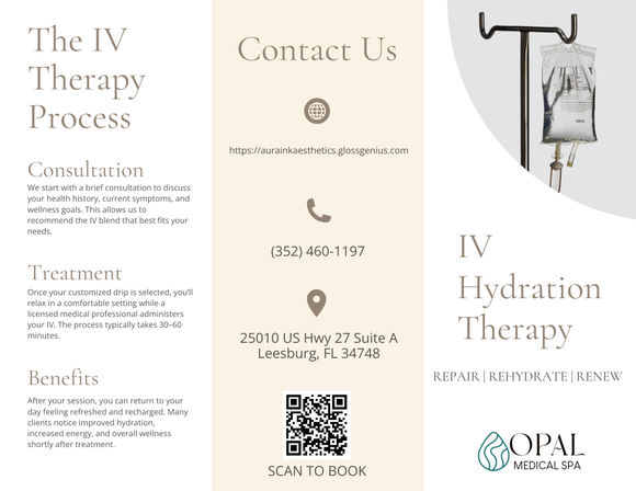 Tri-column IV hydration therapy brochure with an IV drip bag image, 'The IV Therapy Process' text, contact column showing phone icon, QR code and Leesburg, FL address — clean neutral aesthetic for IV hydration services.