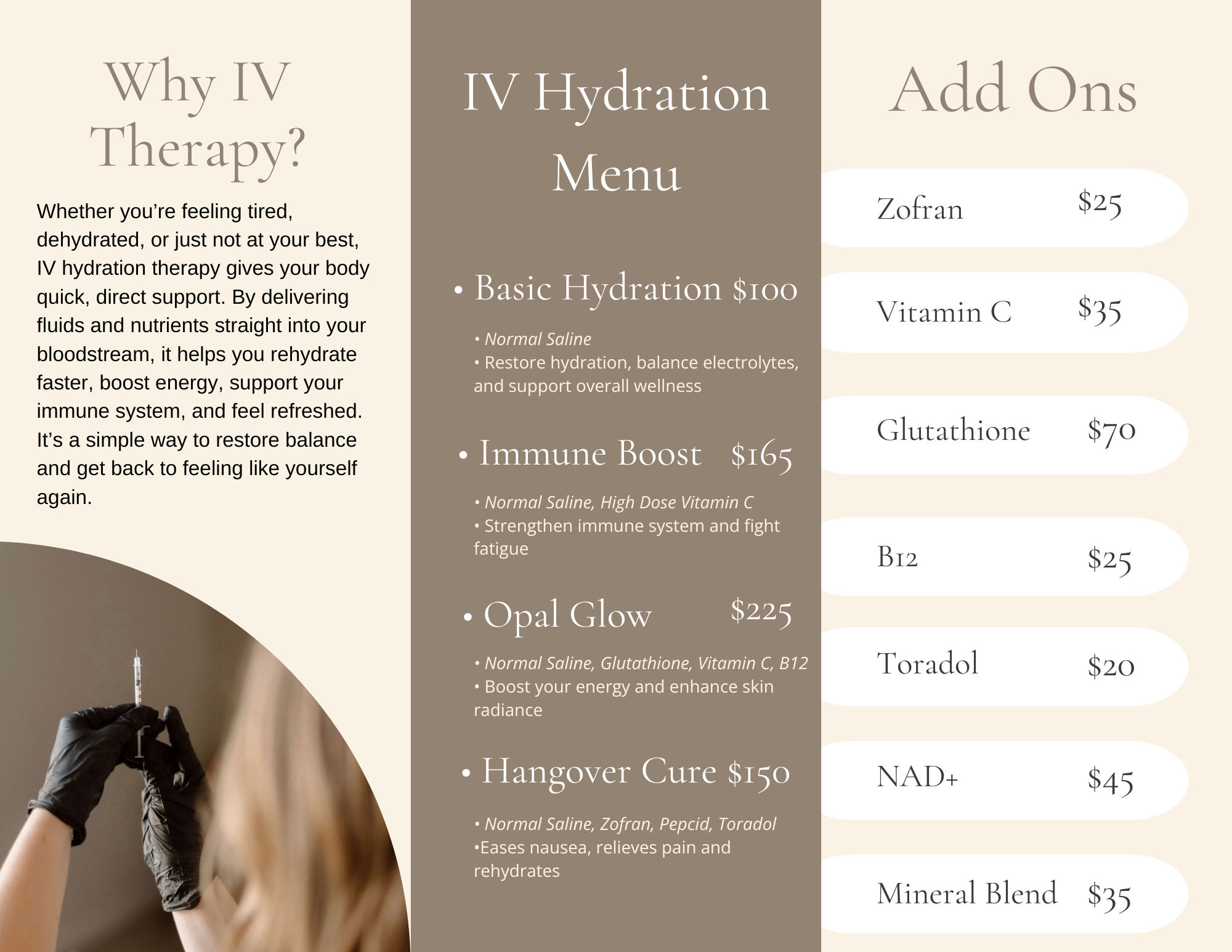 IV hydration menu graphic: center column lists IV therapy packages and prices, left column explains benefits of IV therapy, right column shows add-ons and prices (Zofran $25, Vitamin C $35, Glutathione $70, B12 $25, Toradol $20, NAD+ $45, Mineral Blend $35); background photo shows gloved hands holding a syringe.