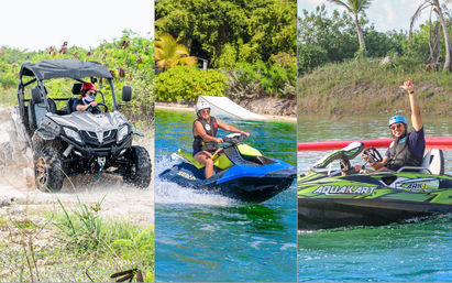 Triptych of tropical adventure: helmeted driver in a black off‑road UTV splashing through a dirt track, rider on a blue-and-green jet ski cutting across turquoise lagoon, and a smiling driver in a green water kart cheering near a palm‑lined shoreline.