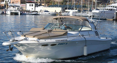 Sleek white cabin cruiser with tan sunpads and bimini gliding through blue harbor water past a busy marina with moored yachts