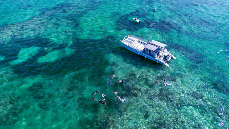 Aerial view of a white catamaran anchored over crystal-clear turquoise water and shallow coral reef with a group of snorkelers and a small dinghy nearby, tropical ocean scene.