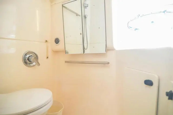 Cozy compact cream-colored bathroom with a toilet, small waste bin, chrome shower control, mirrored medicine cabinet, towel bar, and bright window light.