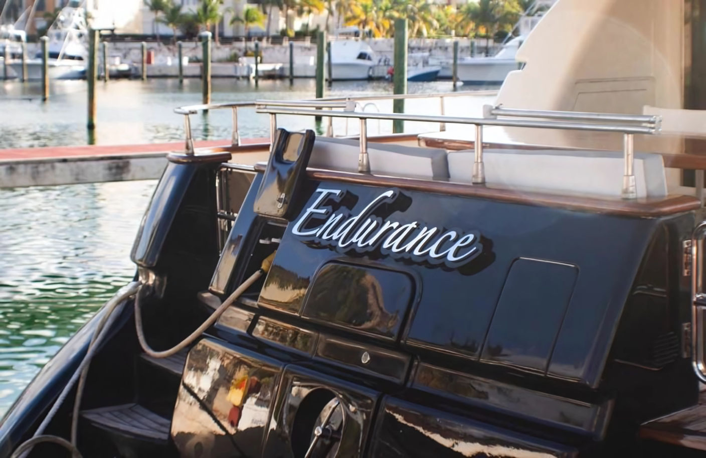 Black luxury yacht 'Endurance' moored at a sunlit, palm-lined marina with dock pilings and shimmering water reflections.