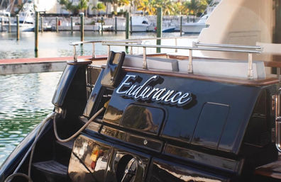 Black luxury yacht 'Endurance' moored at a sunlit, palm-lined marina with dock pilings and shimmering water reflections.