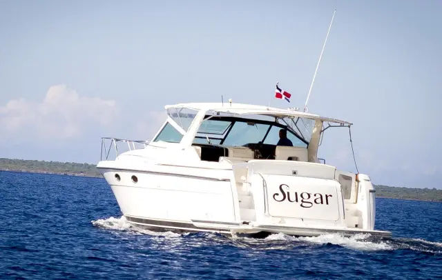 Sleek white motor yacht cutting through deep-blue coastal waters near a low shoreline, open cockpit and transom with boat name visible and a small flag flying from the stern.