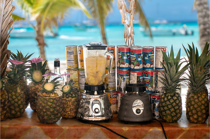 Beachside tropical drink station with two blenders surrounded by fresh pineapples and stacked canned coconut cream, palm trees and turquoise ocean blurred in the background