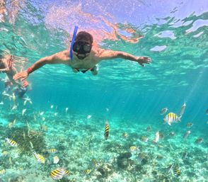 Snorkeler with mask and blue snorkel gliding over a sunlit tropical coral reef in clear turquoise water amid a school of yellow-and-black striped fish