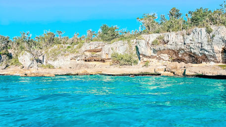 Vibrant turquoise sea lapping a sunlit limestone coastline with rocky ledges, small sea caves and scrubby tropical vegetation under a clear blue sky.