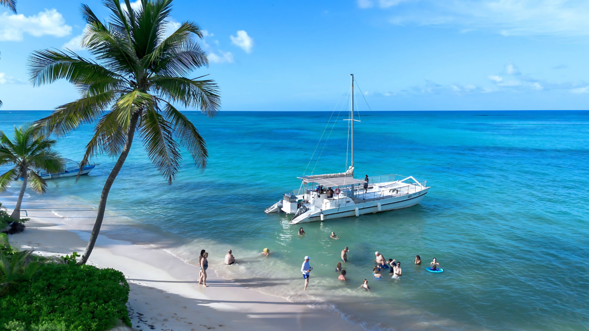 Tropical island beach with white sand, leaning palm trees and turquoise water; a white catamaran anchored near shore while people swim and relax under a bright blue sky.