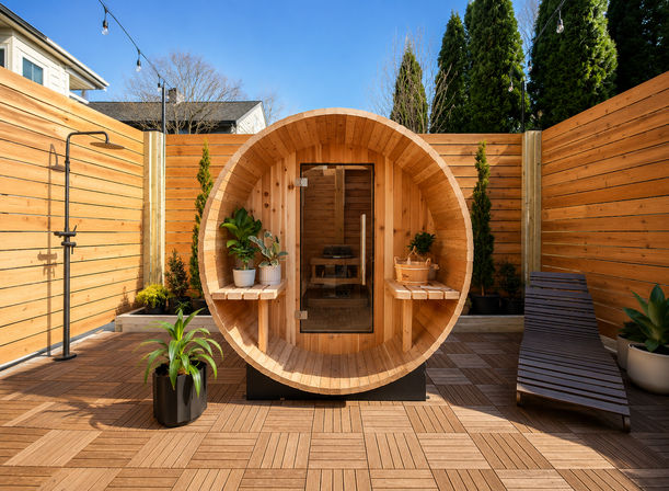 Sunny backyard patio with a round wooden barrel sauna on a wood-tile deck, flanked by potted plants, outdoor shower, lounge chair, and wood privacy fence.