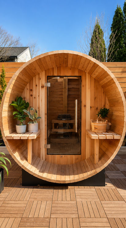 Sunny backyard patio with a round wooden barrel sauna on a wood-tile deck, flanked by potted plants, outdoor shower, lounge chair, and wood privacy fence.