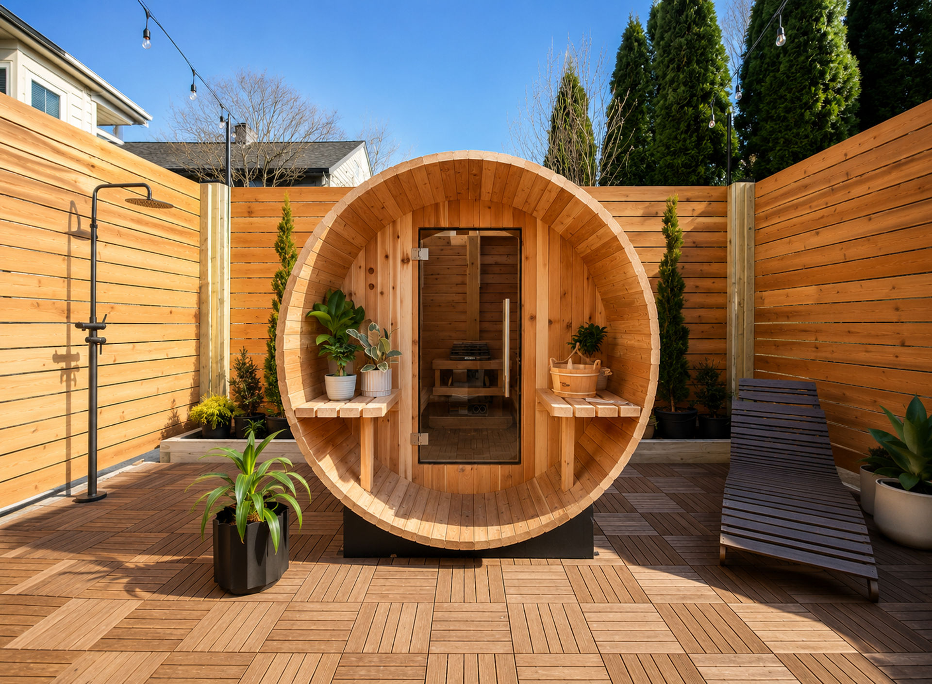 Sunny backyard patio with a round wooden barrel sauna on a wood-tile deck, flanked by potted plants, outdoor shower, lounge chair, and wood privacy fence.