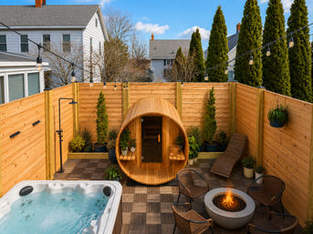 Cozy suburban backyard patio with wooden privacy fence, round cedar barrel sauna, bubbling hot tub, fire pit surrounded by wicker chairs, string lights and potted evergreens