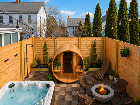 Cozy suburban backyard patio with wooden privacy fence, round cedar barrel sauna, bubbling hot tub, fire pit surrounded by wicker chairs, string lights and potted evergreens