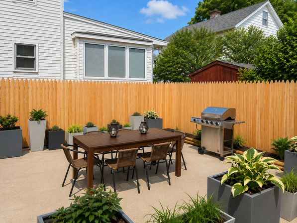 Sunlit suburban backyard patio with a wooden picket fence, concrete floor, dark wood outdoor dining table and wicker chairs, stainless steel gas grill and gray planter boxes filled with green plants.