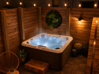 Steaming outdoor hot tub with glowing blue jets in a cozy fenced backyard patio, warm string lights, wooden decking and potted plants at night