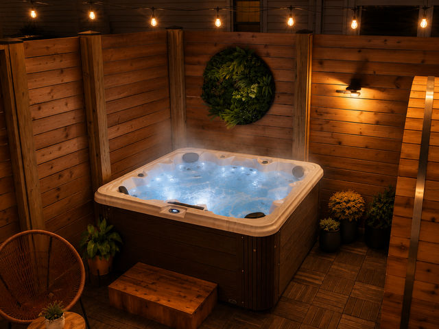 Steaming outdoor hot tub with glowing blue jets in a cozy fenced backyard patio, warm string lights, wooden decking and potted plants at night